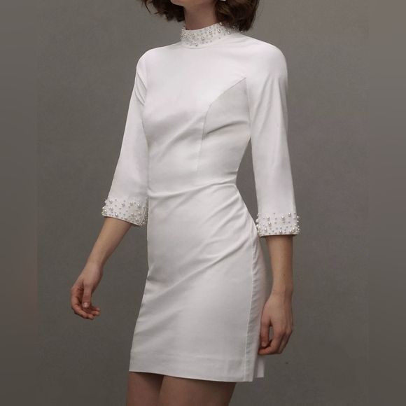 BHLDN Dresses & Skirts - BHLDN Brynlee Mock-Neck 3/4 Sleeve Mini Dress w Pearl Accents, Ivory, LARGE